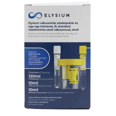 Elysium vákuumtűs vizeletpohár és egy-egy steril bórsavas, ill. standard vizeletminta-vevő vákumcső